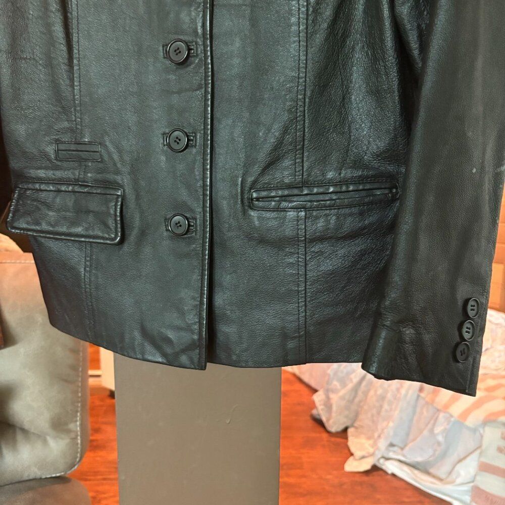 Leather Jacket Women L Size 12 Black Button Down Warm Pristine Biker Moto 50’s - Picture 7 of 13